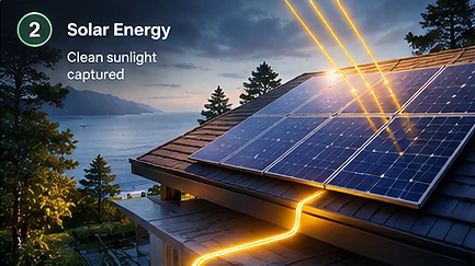 Solar panels on the roof catching evening sun
